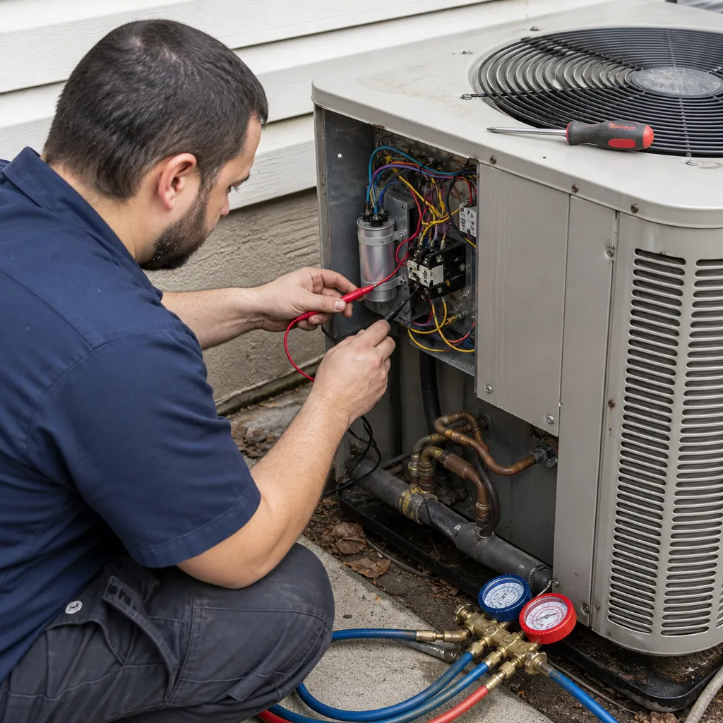 Technician performing professional AC installation and electrical diagnostics