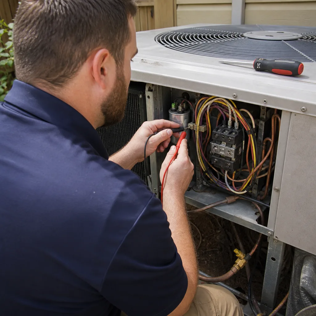 HVAC technician performing an AC system inspection and electrical component testing