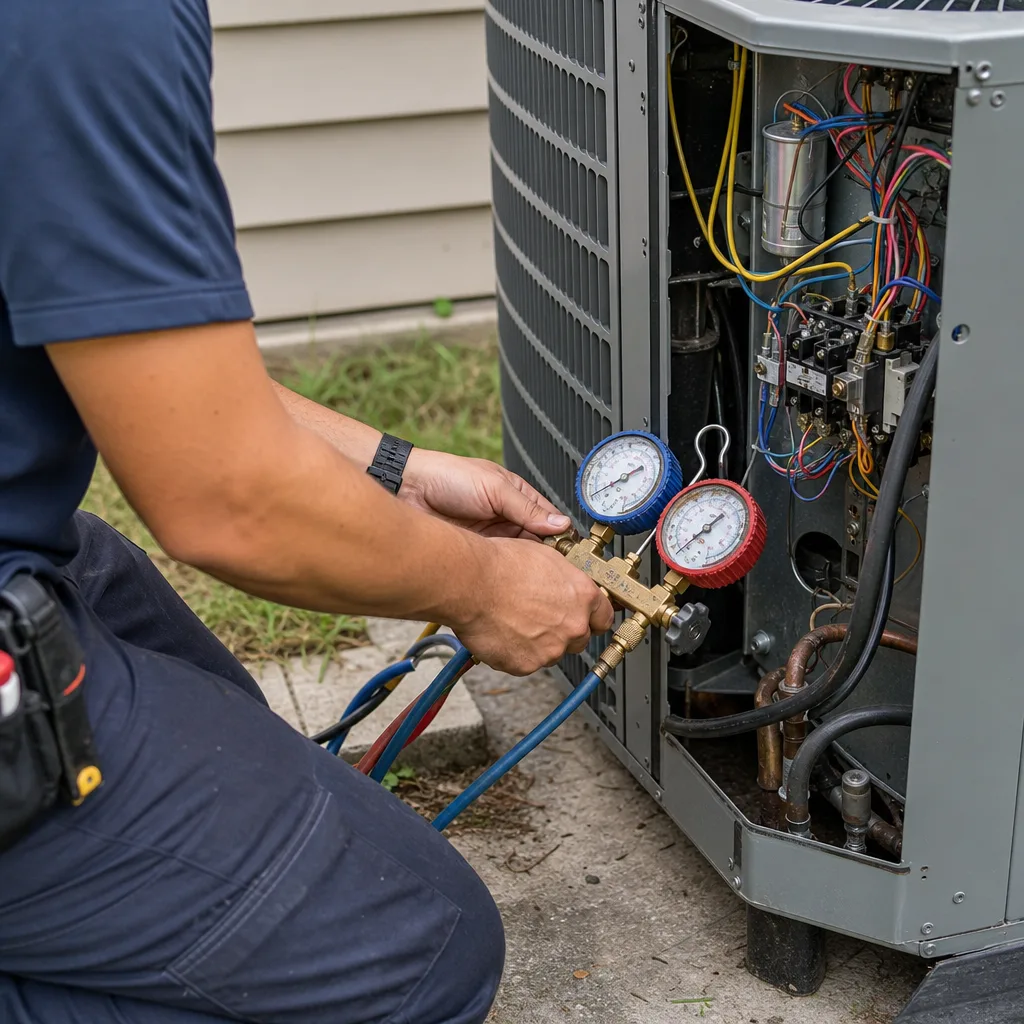 HVAC technician installing an air conditioning unit with professional diagnostic gauges