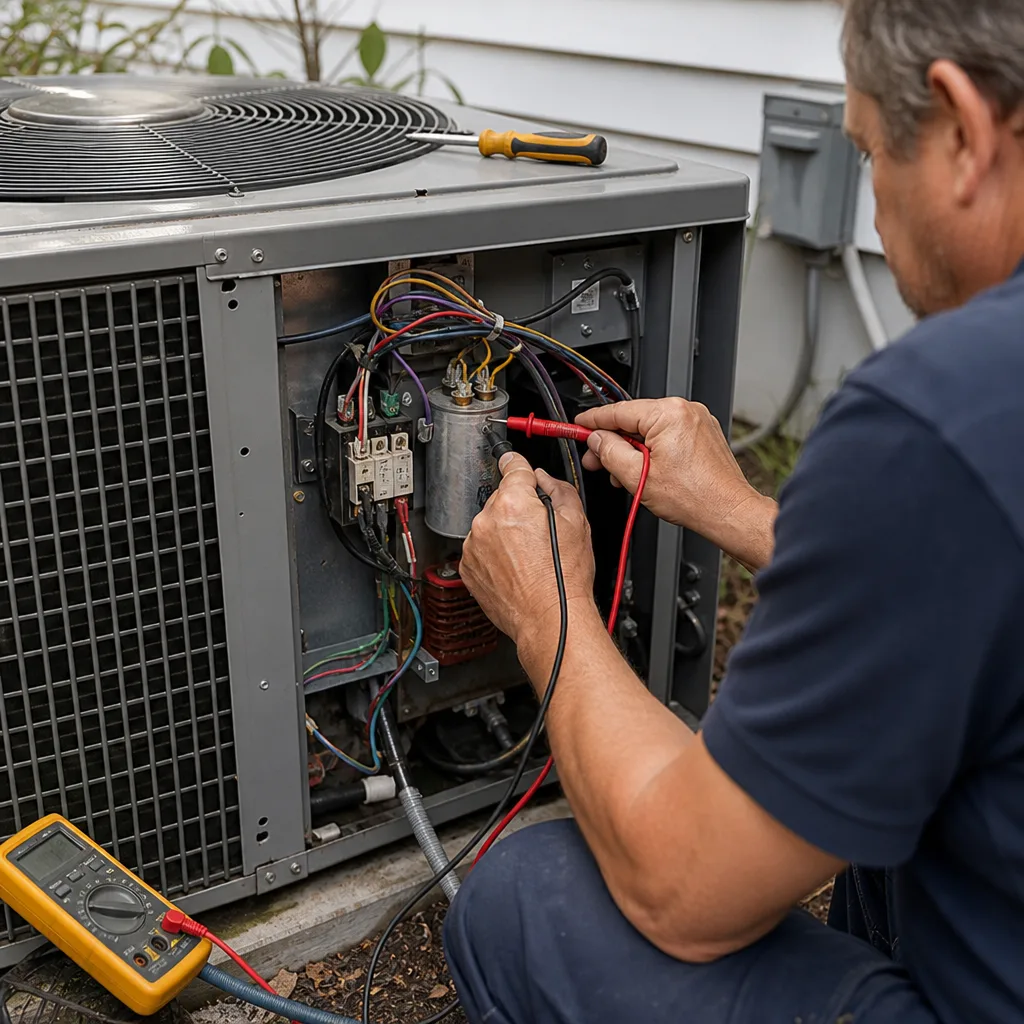 HVAC technician testing an air conditioner component with a multimeter