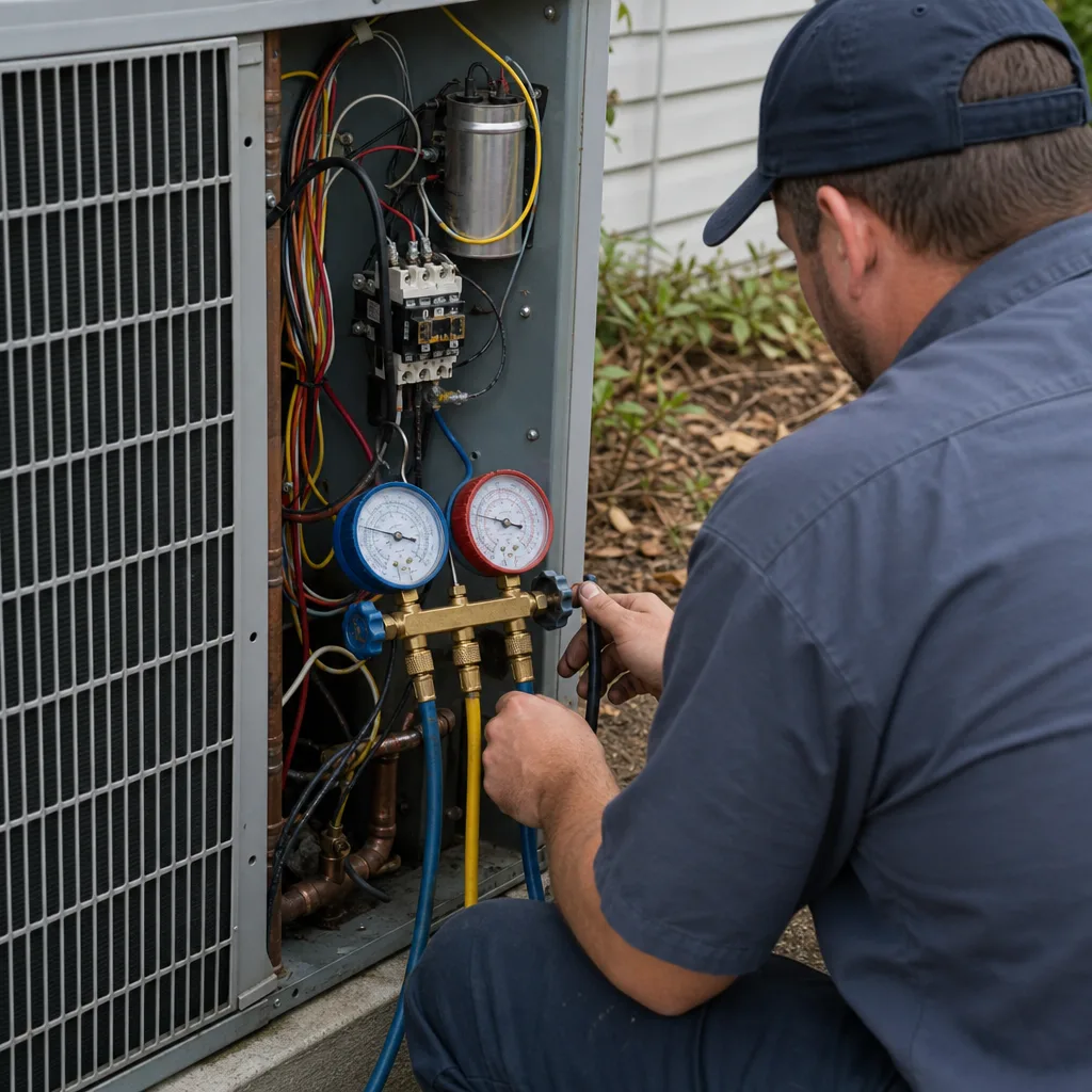 HVAC technician performing professional AC repair on an outdoor unit