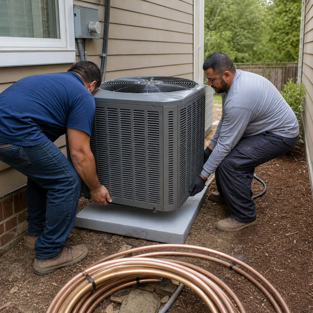 Two technicians installing an outdoor air conditioning unit at a house