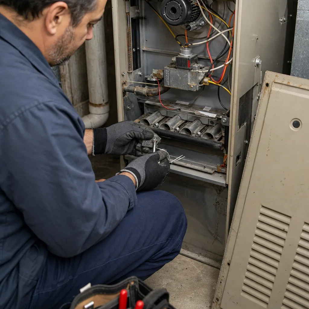 HVAC technician performing professional furnace repair and maintenance