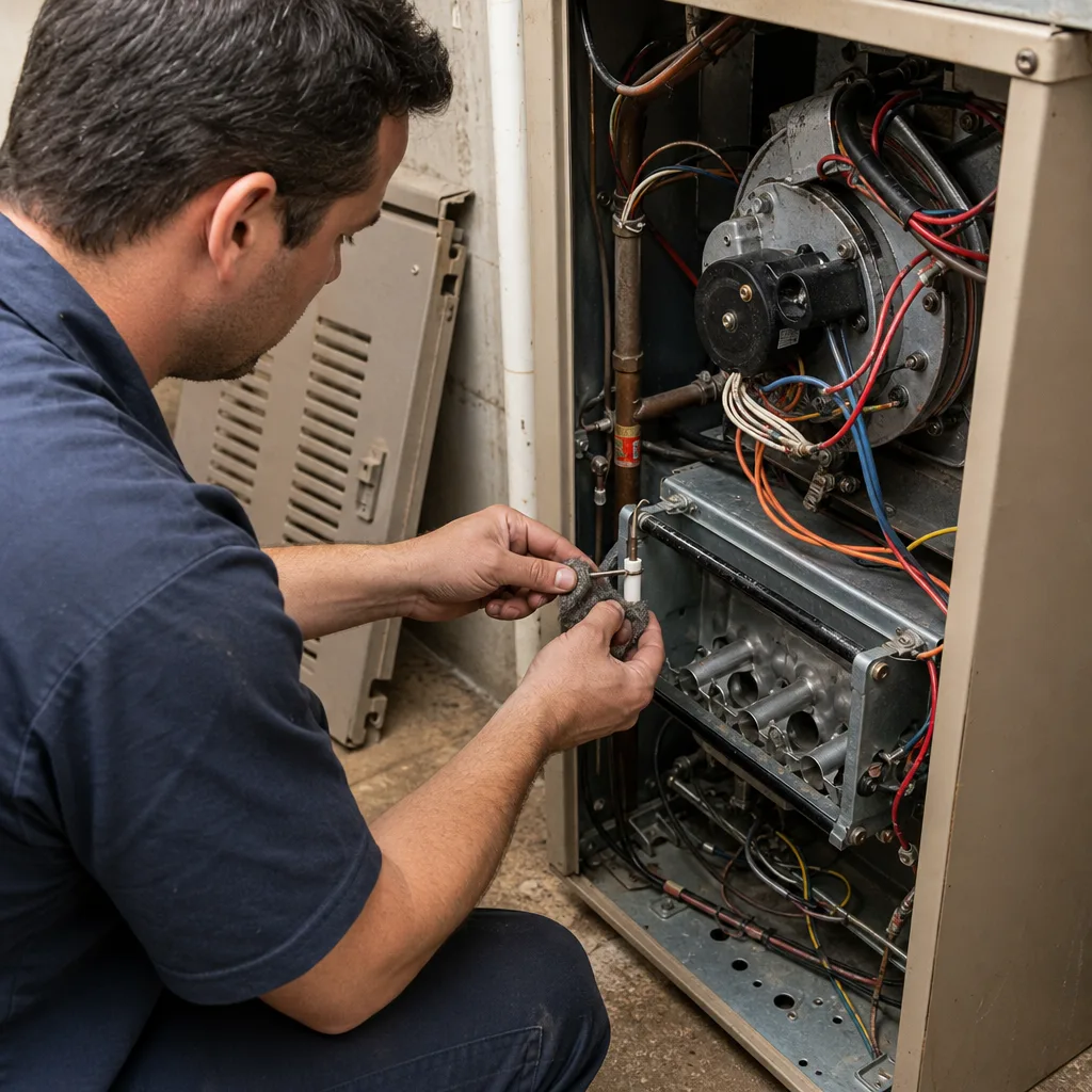 HVAC technician performing professional furnace repair and maintenance