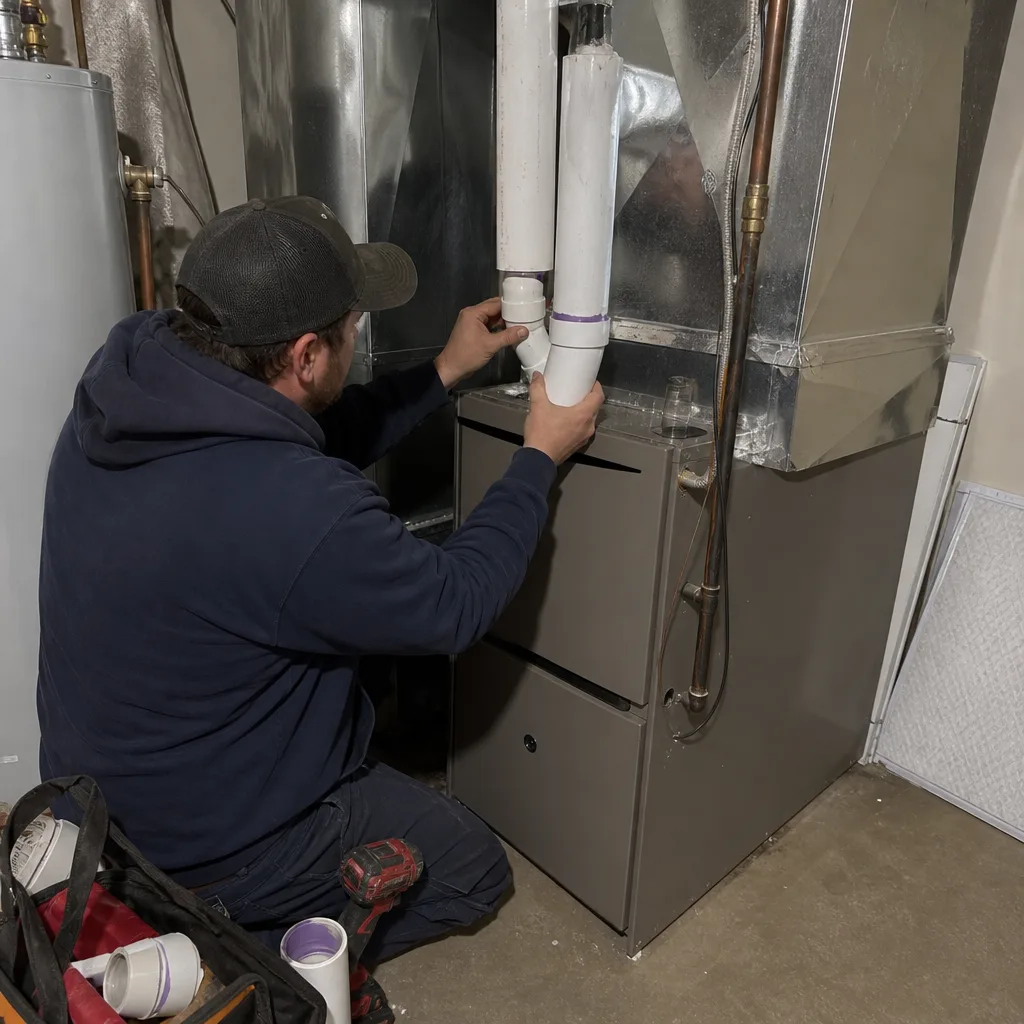 HVAC technician performing professional furnace repair and pipe installation
